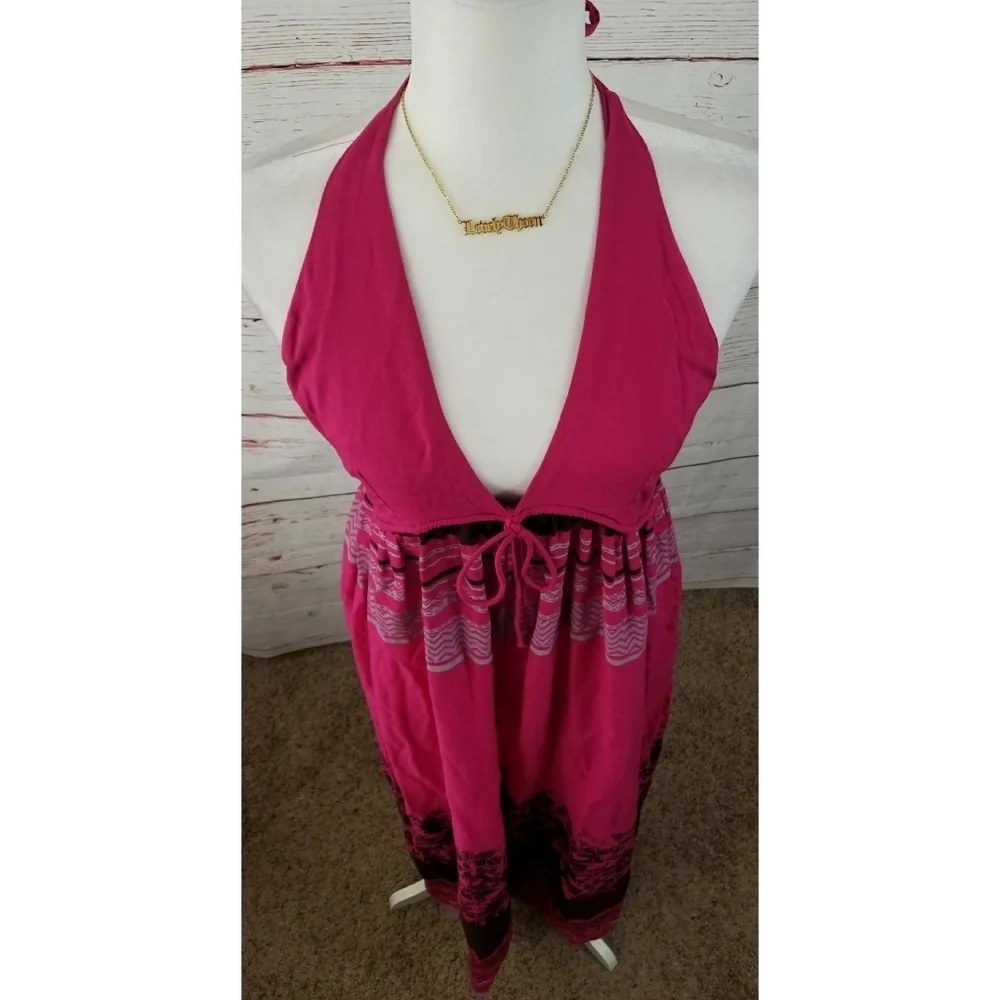 FREE PEOPLE // boho fuchsia print open back wide leg halter style jumpsuit